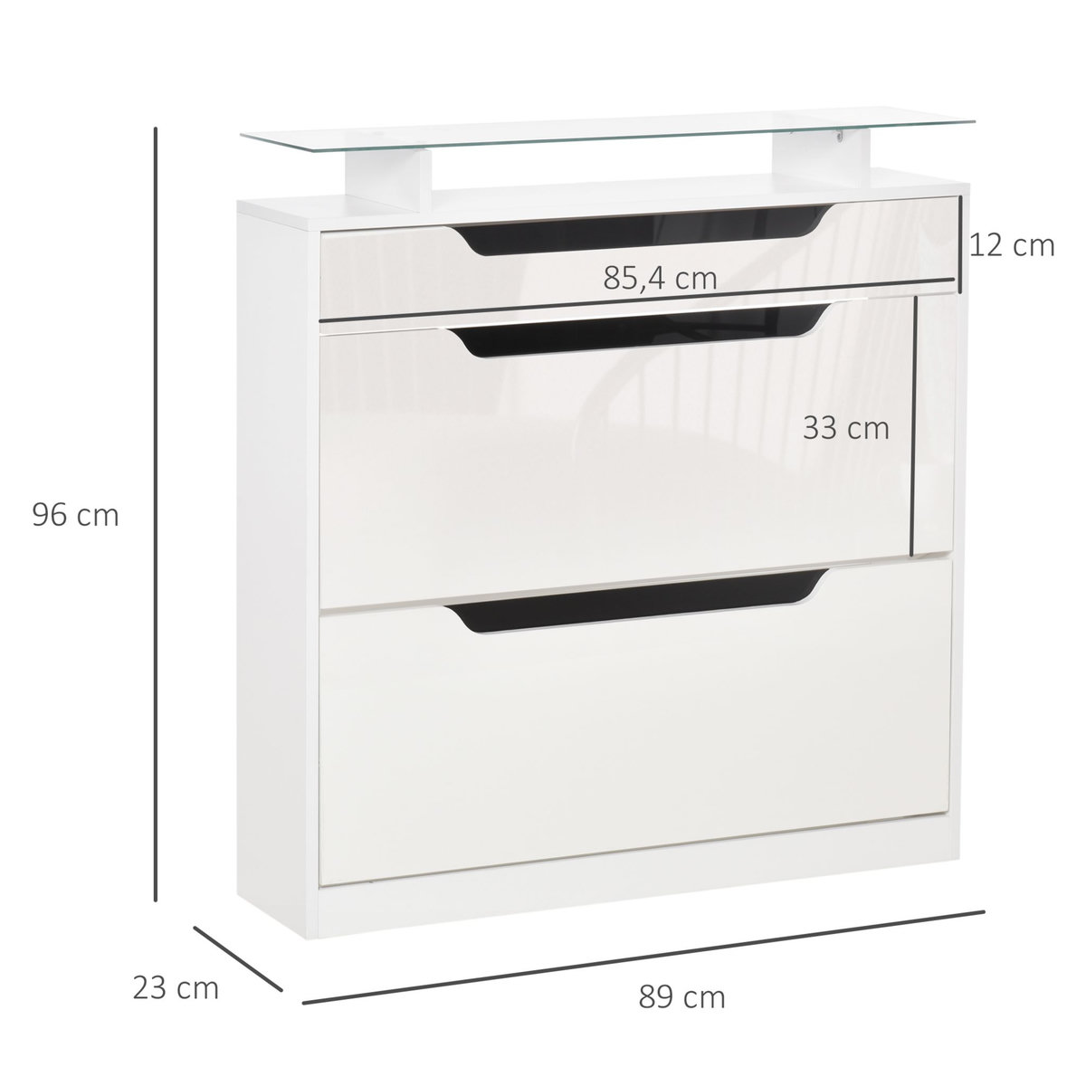 HOMCOM Armoire à chaussures avec 2 tiroirs rabattables + 1 tiroir coulissant + 1 comptoir et 1 plateau en verre étagère réglable sur 2 niveaux 89 x 23 x 96 cm blanc