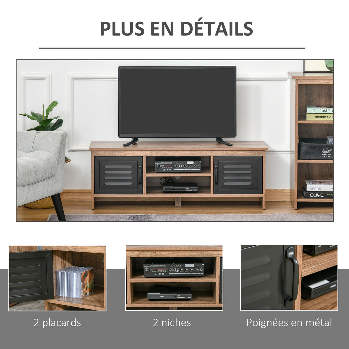 HOMCOM Meuble TV banc TV design industriel - 2 placards, 2 niches, 2 passe-fils - panneaux particules aspect bois veinage portes métal noir