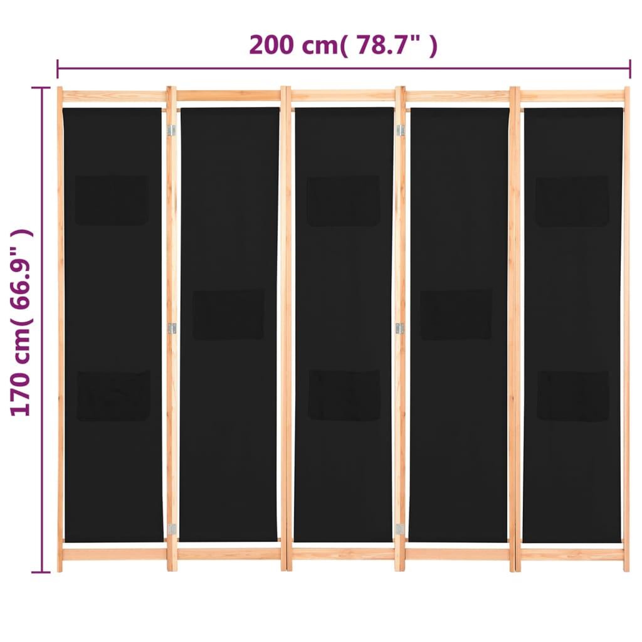 Voir la diapositive 6 : VIDAXL Cloison de separation 5 panneaux Noir 200 x 170 x 4 cm Tissu