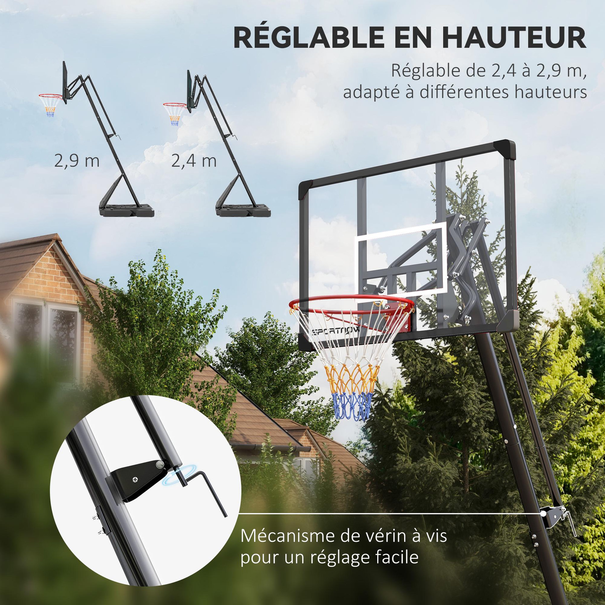 Voir la diapositive 4 : HOMCOM Panier de basket-ball sur pied avec base de lestage sur roulettes hauteur réglable 2,93-3,5 m acier pc noir