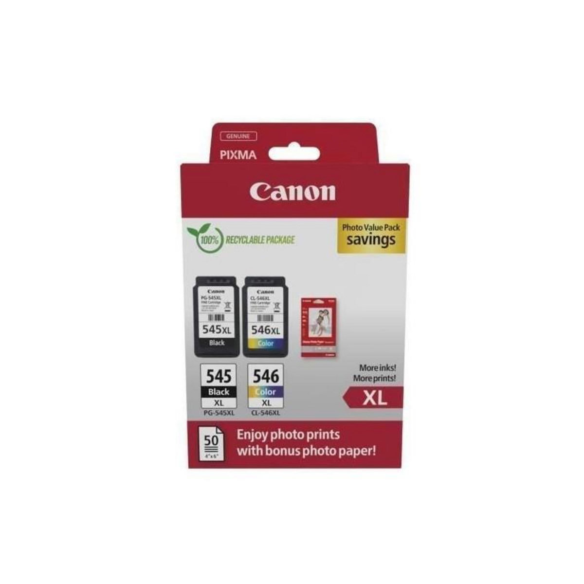 Canon Pack de 2 cartouches d'encre + pack papiers photo - CANON - PG-545XL Noir + CL-546XL Couleur - Haut rendement