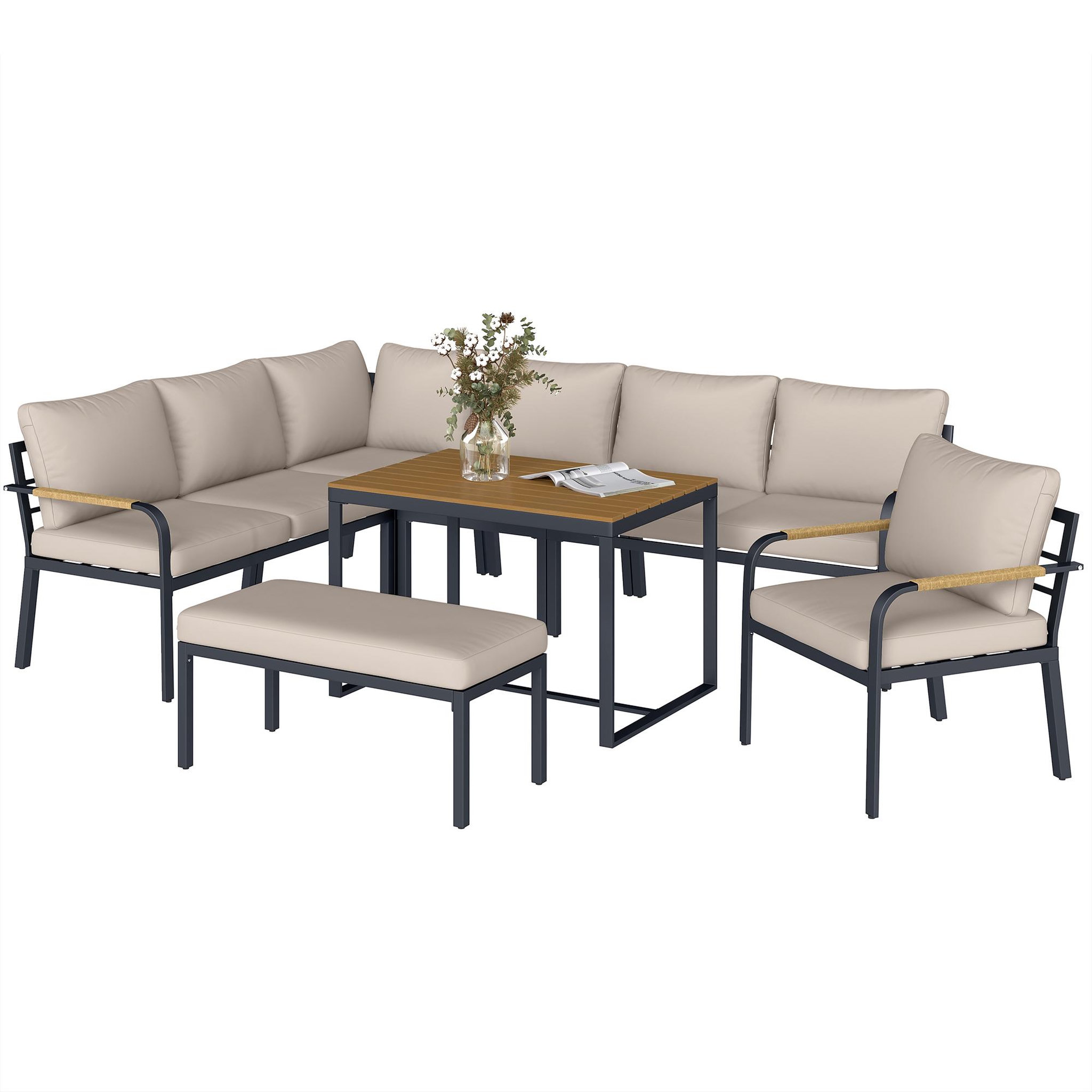 Voir la diapositive 5 : OUTSUNNY Salon de jardin d'angle table à manger 7 personnes 7 pièces