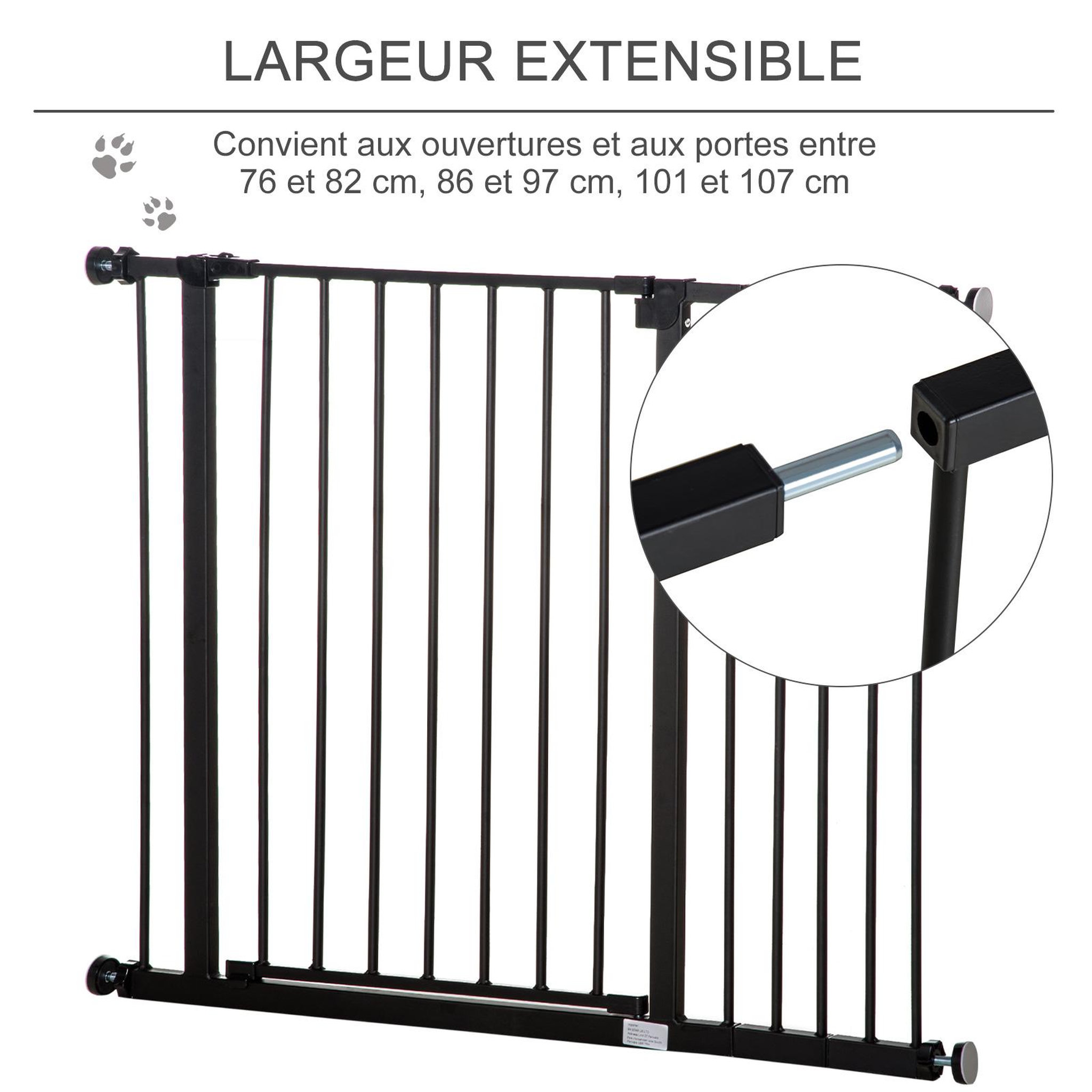 Voir la diapositive 4 : PAWHUT Barrière de sécurité longueur réglable dim. 76-107l x 76h cm sans perçage métal plastique noir