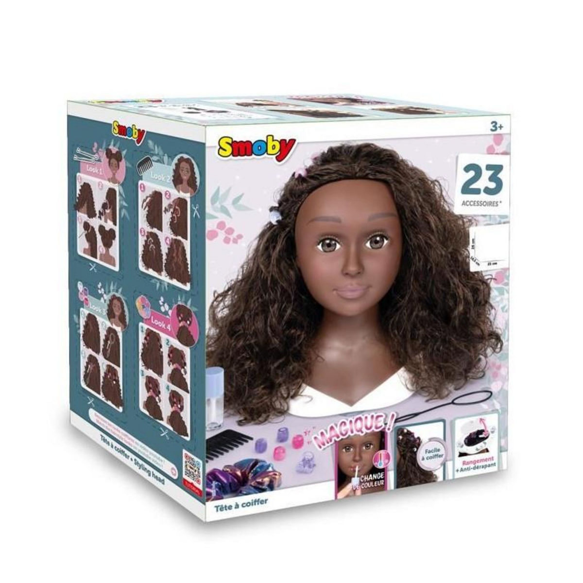 SMOBY Smoby - Tete a coiffer cheveux afro - Facile a coiffer - 23 accessoires réalistes - Levres thermosensibles - Trappe de rangemen