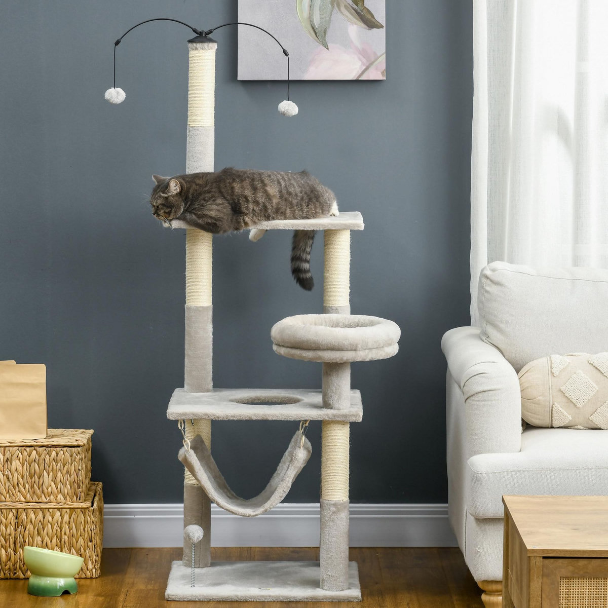 PAWHUT Arbre à chat griffoirs sisal naturel plateforme panier hamac boules suspendues et à ressort peluche gris clair