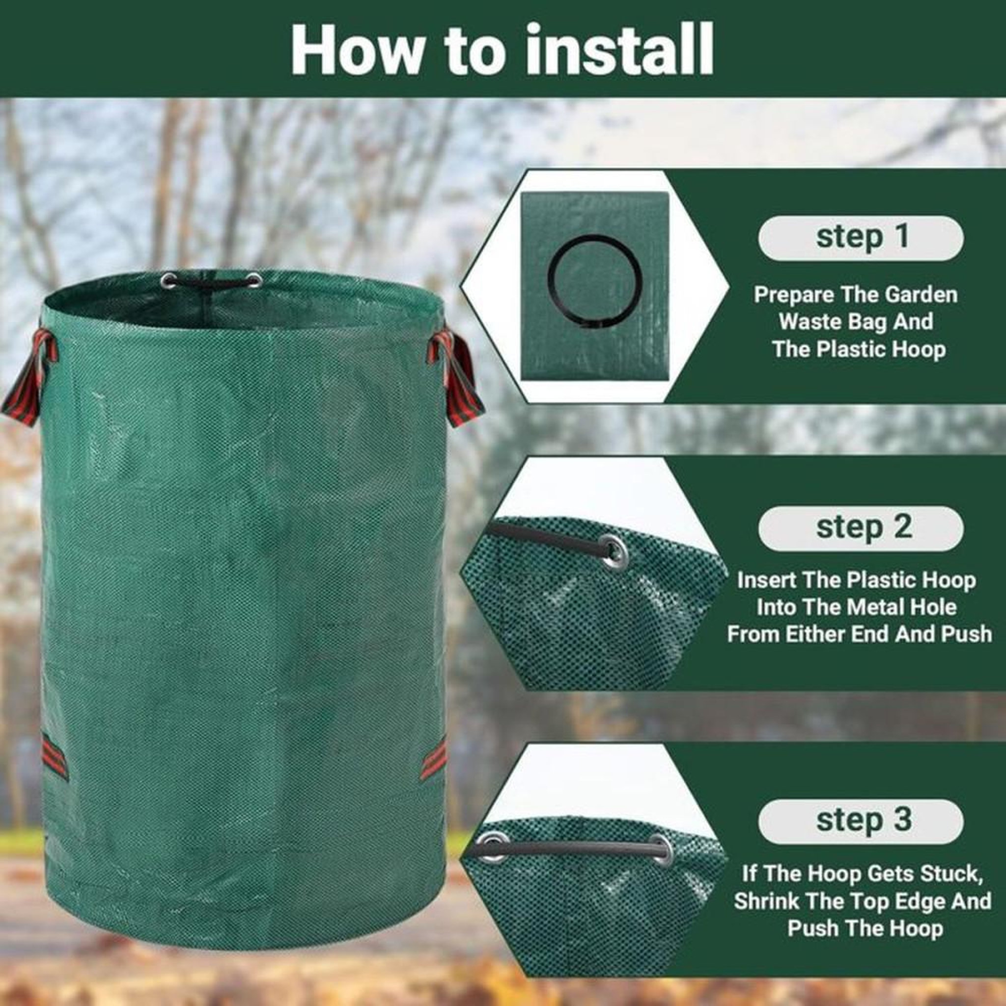 Voir la diapositive 2 : Sacs à déchets verts 272 L lot de 3, polypropylène indéchirable hydrofuge, 4 poignées, coloris vert avec renforts rayés rouge/noir, forme cylindrique 67 x 76 cm