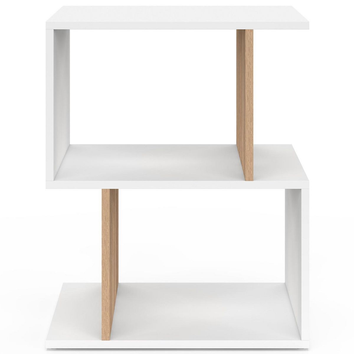 ID MARKET Lot de 2 tables de chevet SOFIA forme S avec rangements ouverts blanc et effet hêtre