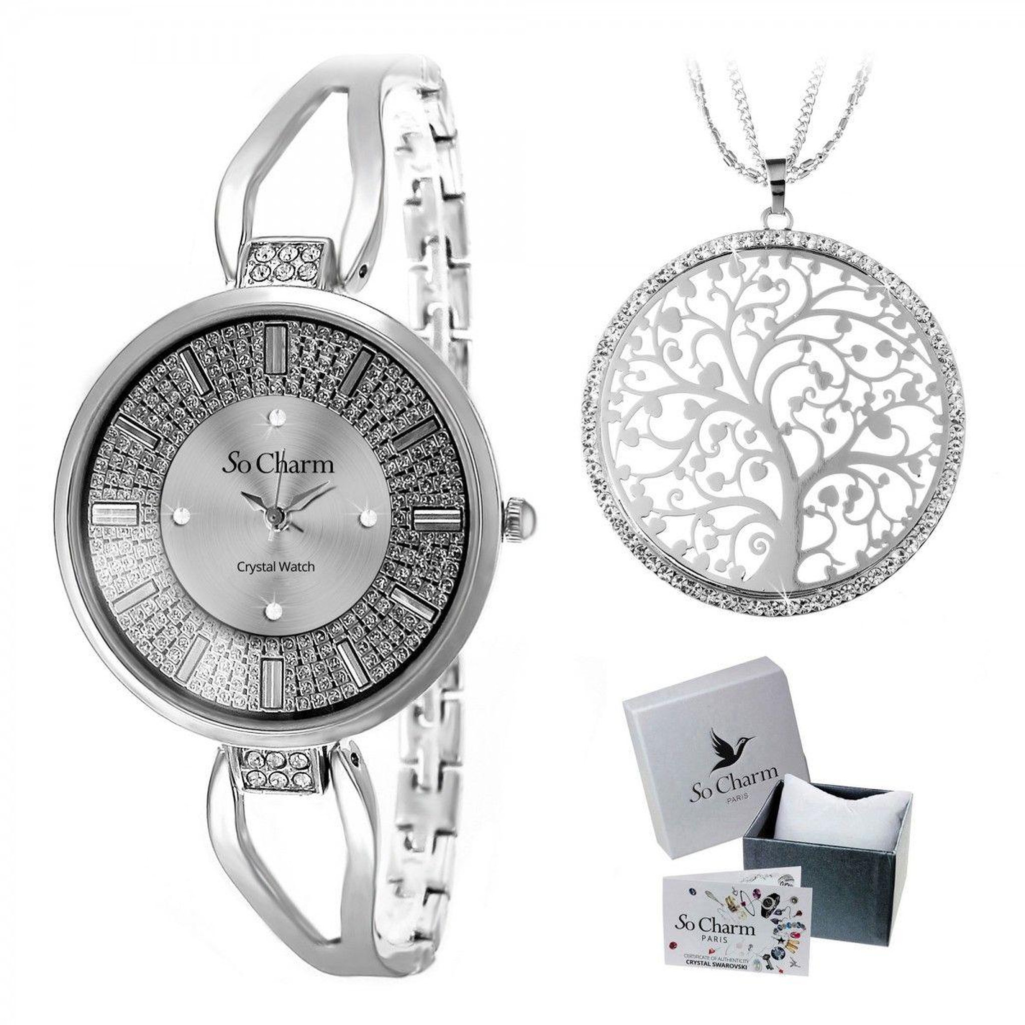 SC CRYSTAL Montre argentée Emilie SC Crystal ornée de 16 Cristaux scintillants et son sautoir arbre de vie