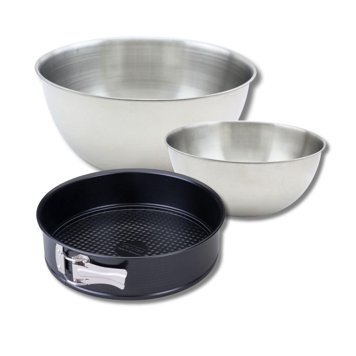 ZENKER Lot avec 1 Moule à manqué à charnière 24 cm, 1 spatule Zenker et 2 bols à mixer en inox Fackelmann