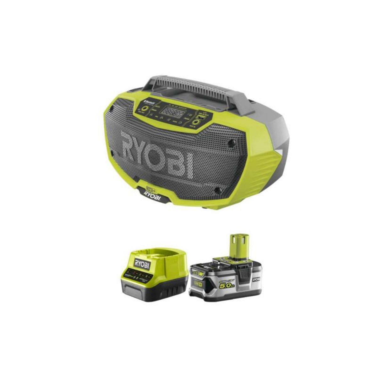 Ryobi Pack RYOBI Radio d'atelier stéréo 18V One+ R18RH-0 - 1 batterie 5.0Ah - 1 chargeur rapide 2.0Ah RC1