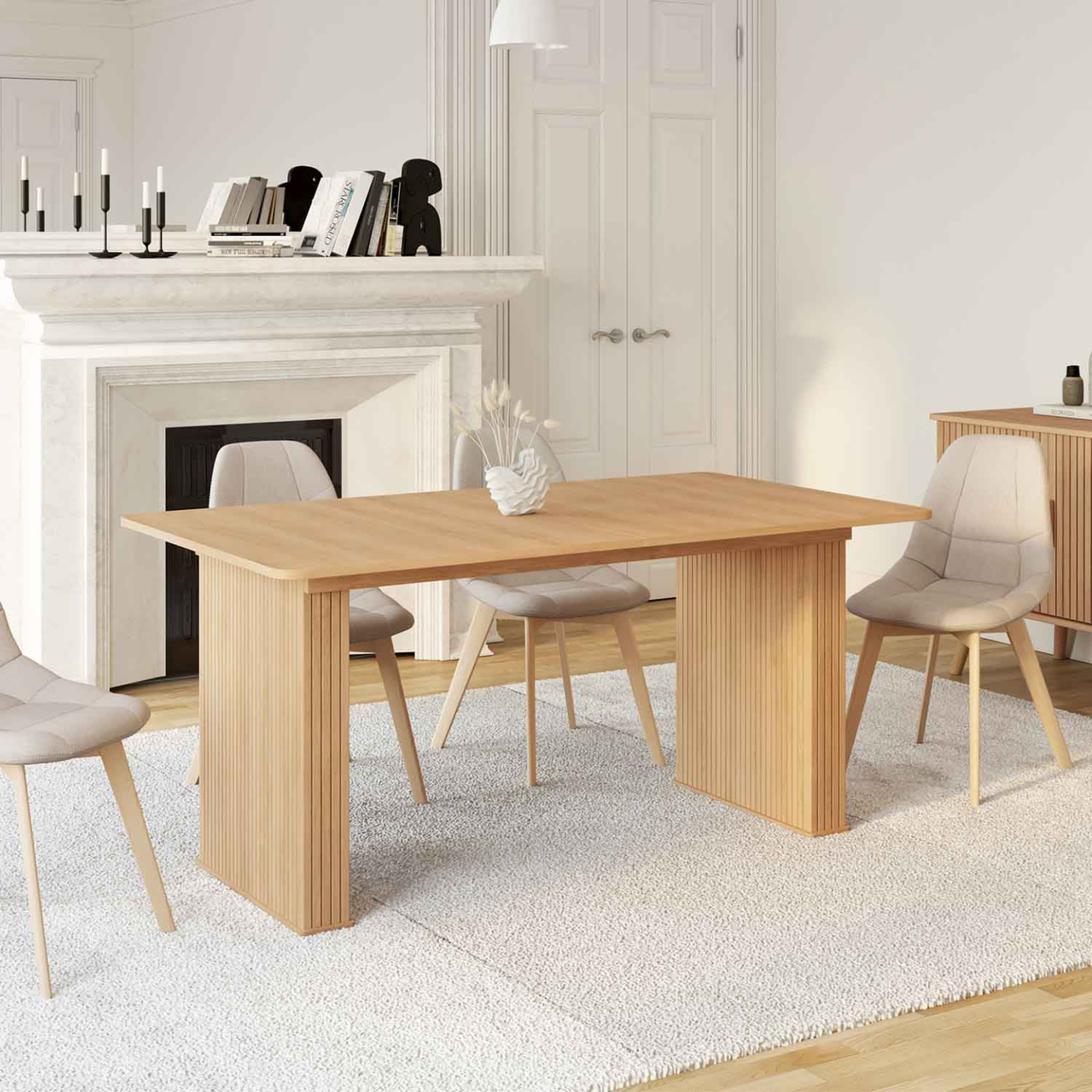 Voir la diapositive 4 : ID MARKET Table à manger extensible rectangle juliette 6-10 personnes pieds lattes tasseau bois coloris chêne 160-200cm