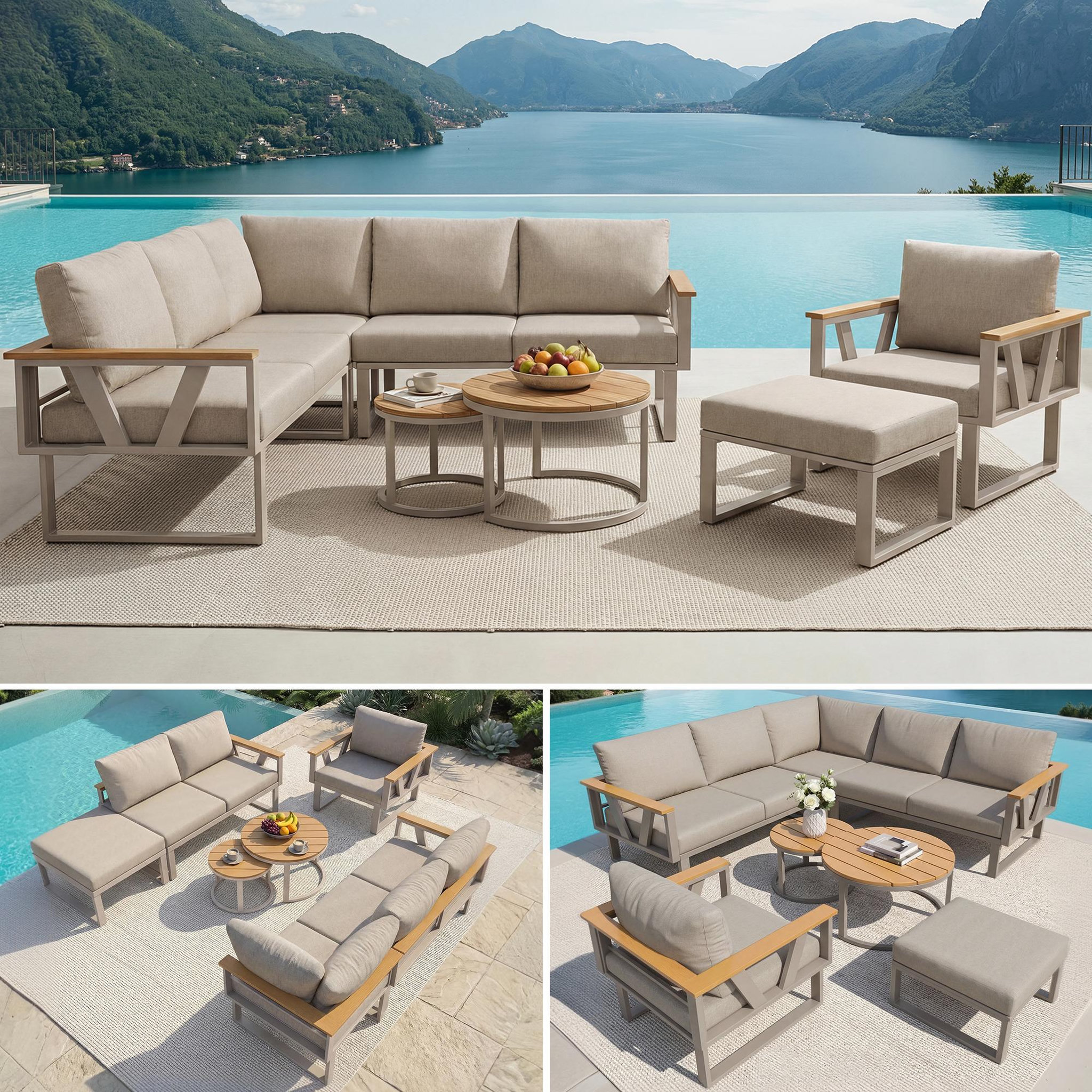 Voir la diapositive 5 : MERAX Salon de jardin 6 places en métal avec canapé d'angle, 2 tables basses en bois, fauteuils et coussins