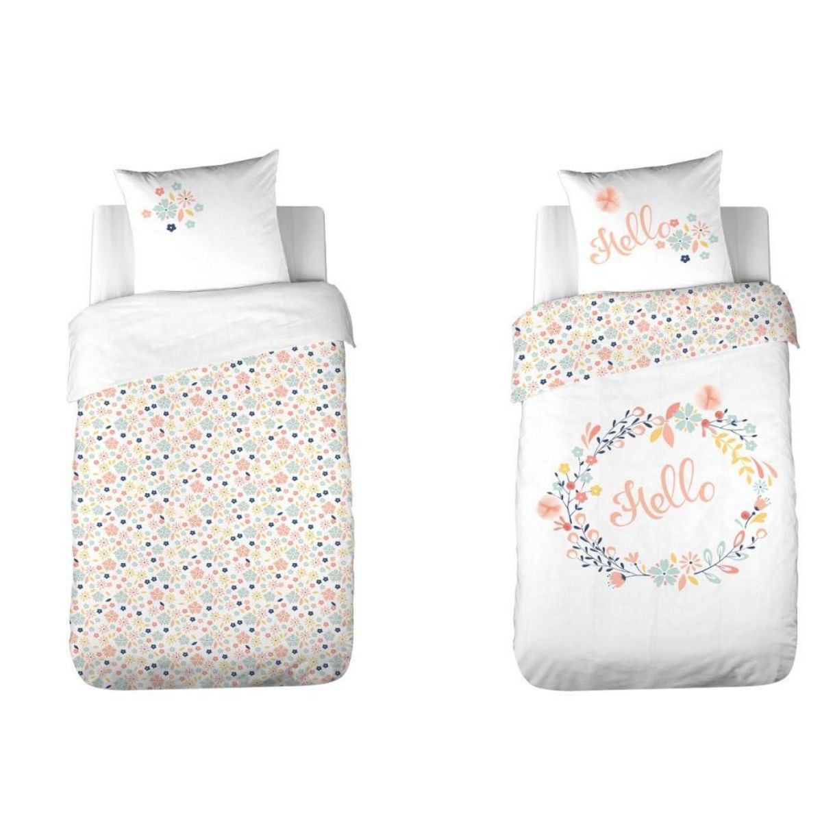 COTE DECO Housse de couette 140x200 réversible + 1 taie en coton adouci