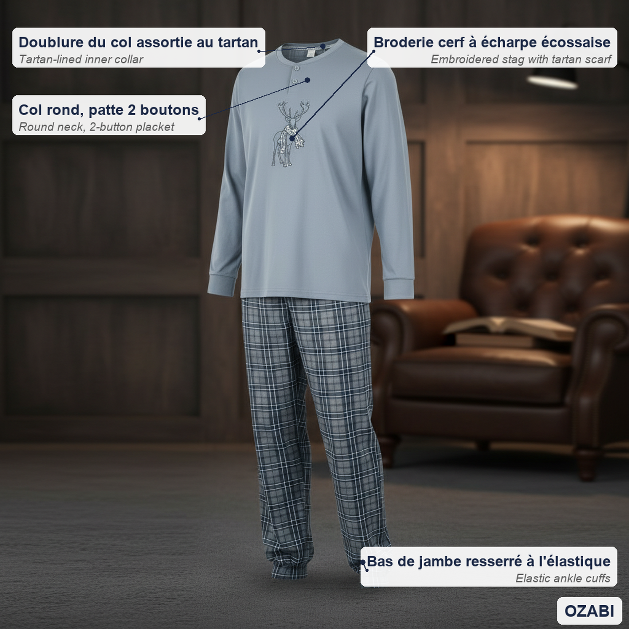 Voir la diapositive 5 : OZABI Ozabi ensemble pyjama homme coton majoritaire broderie cerf écossais
