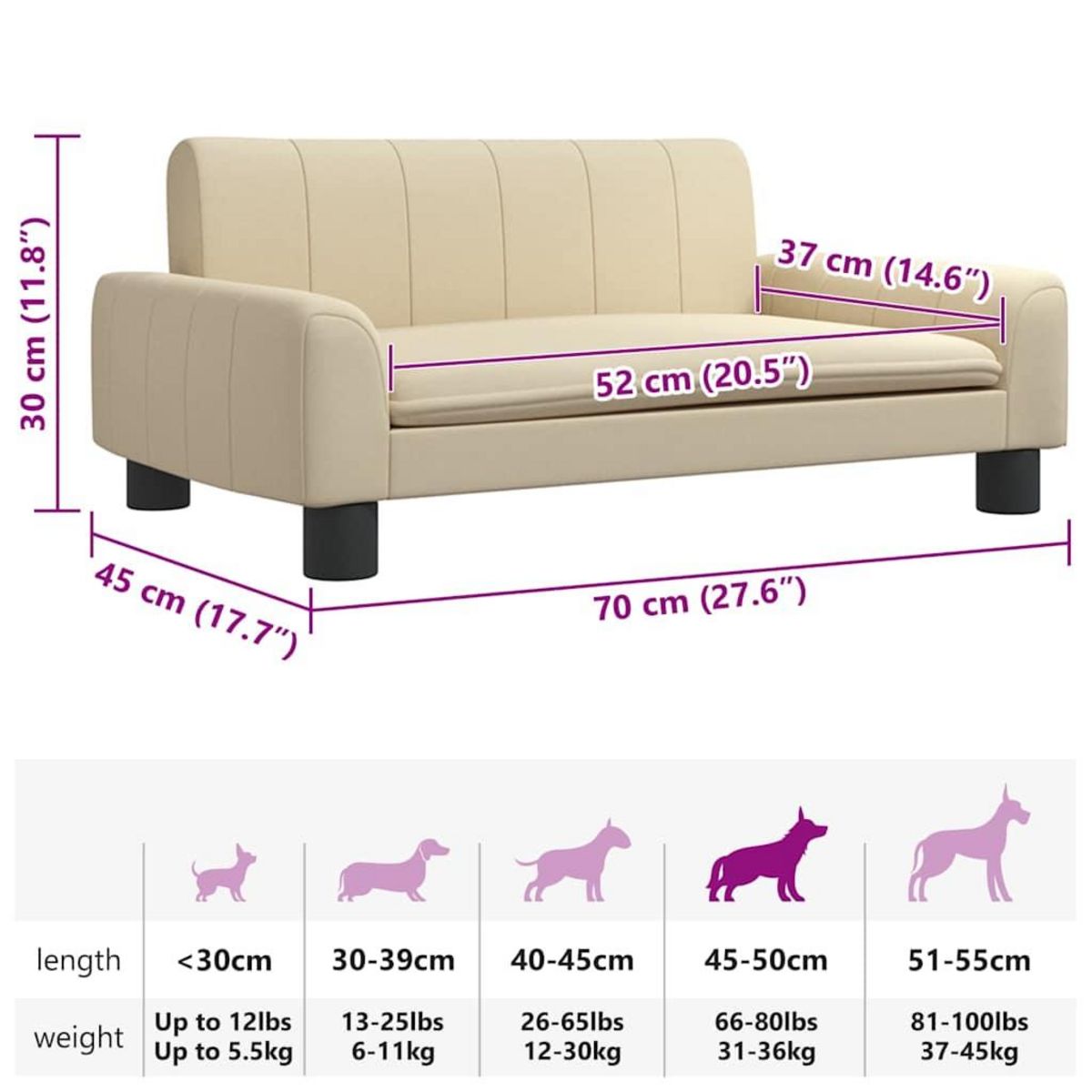 VIDAXL Lit pour chien creme 70x45x30 cm tissu