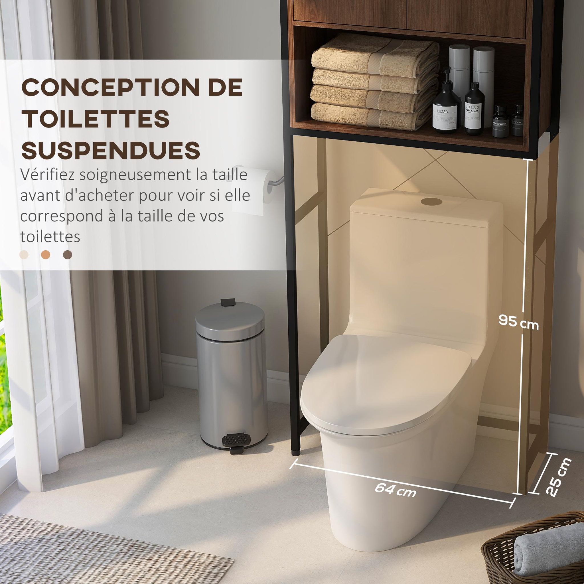 Voir la diapositive 5 : KLEANKIN Meuble WC meuble dessus toilettes style industriel 2 portes avec étagère niche acier noir aspect noyer