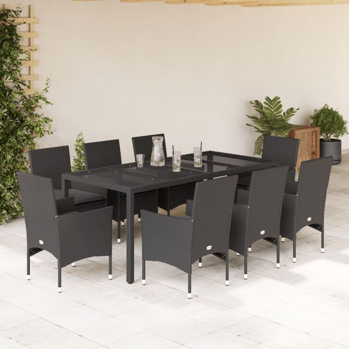 VIDAXL Ensemble a manger de jardin et coussins 9 pcs noir rotin verre