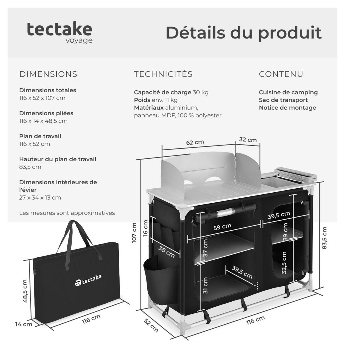 tectake Cuisine de camping luxe avec 4 compartiments pliable noir