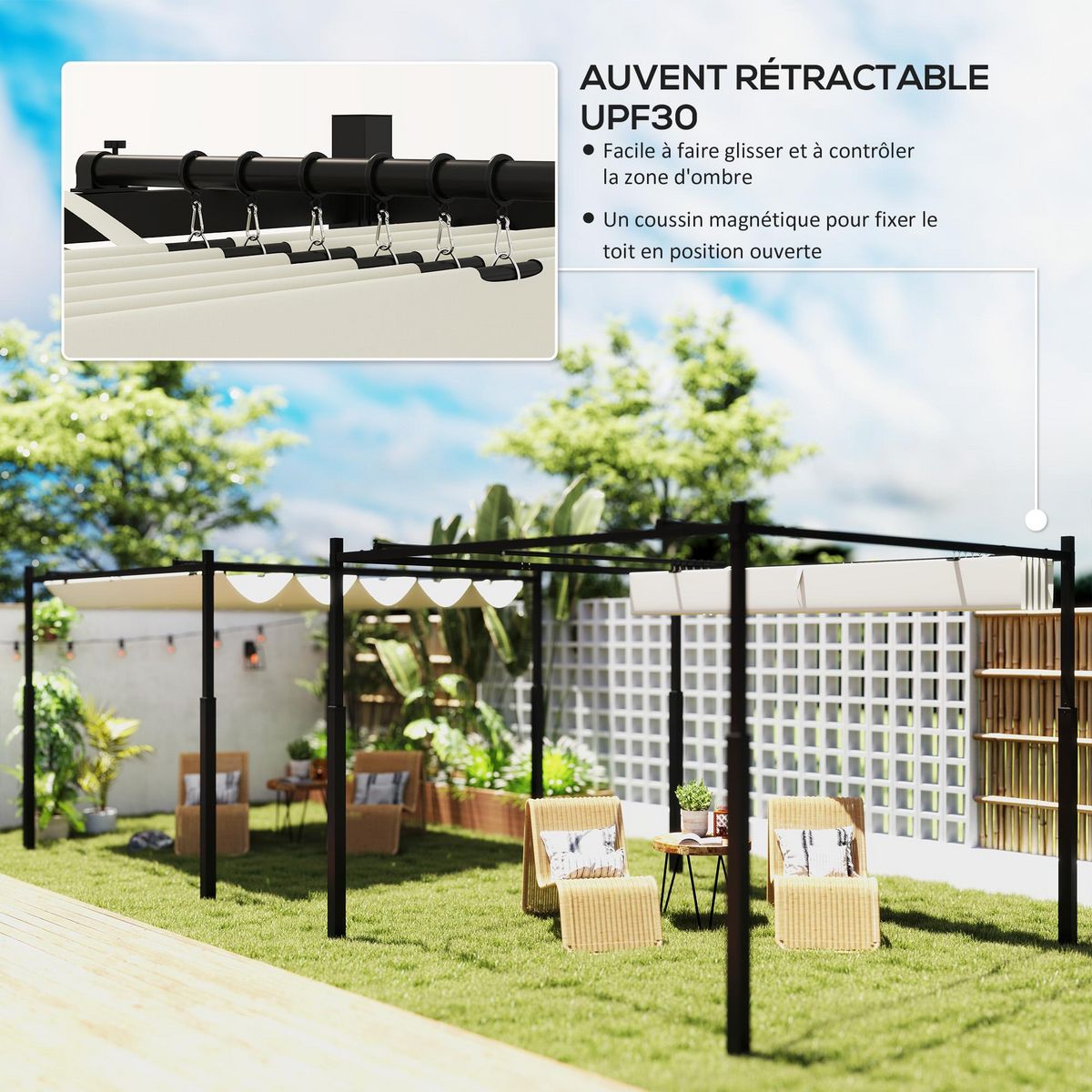 OUTSUNNY Pergola rétractable 3 x 3 m acier époxy noir polyester haute densité 180 g/m² UPF30+ crème