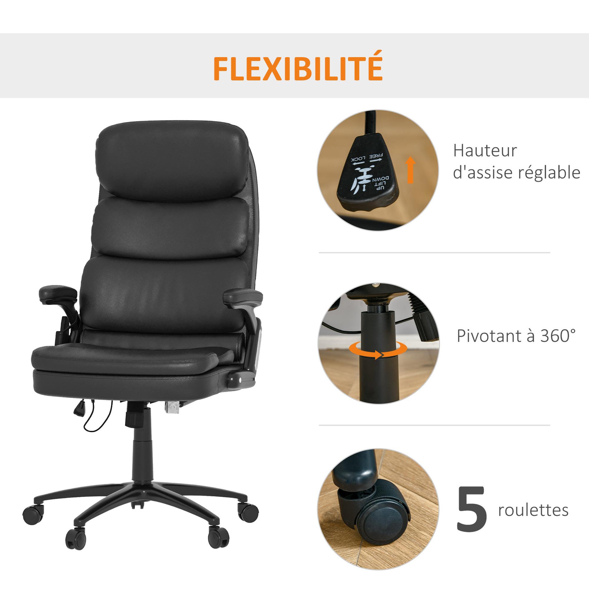 Voir la diapositive 6 : VINSETTO Vinsetto Fauteuil de bureau direction massant 6 points grand confort dossier inclinable hauteur réglable pivotant revêtement synthétique noir