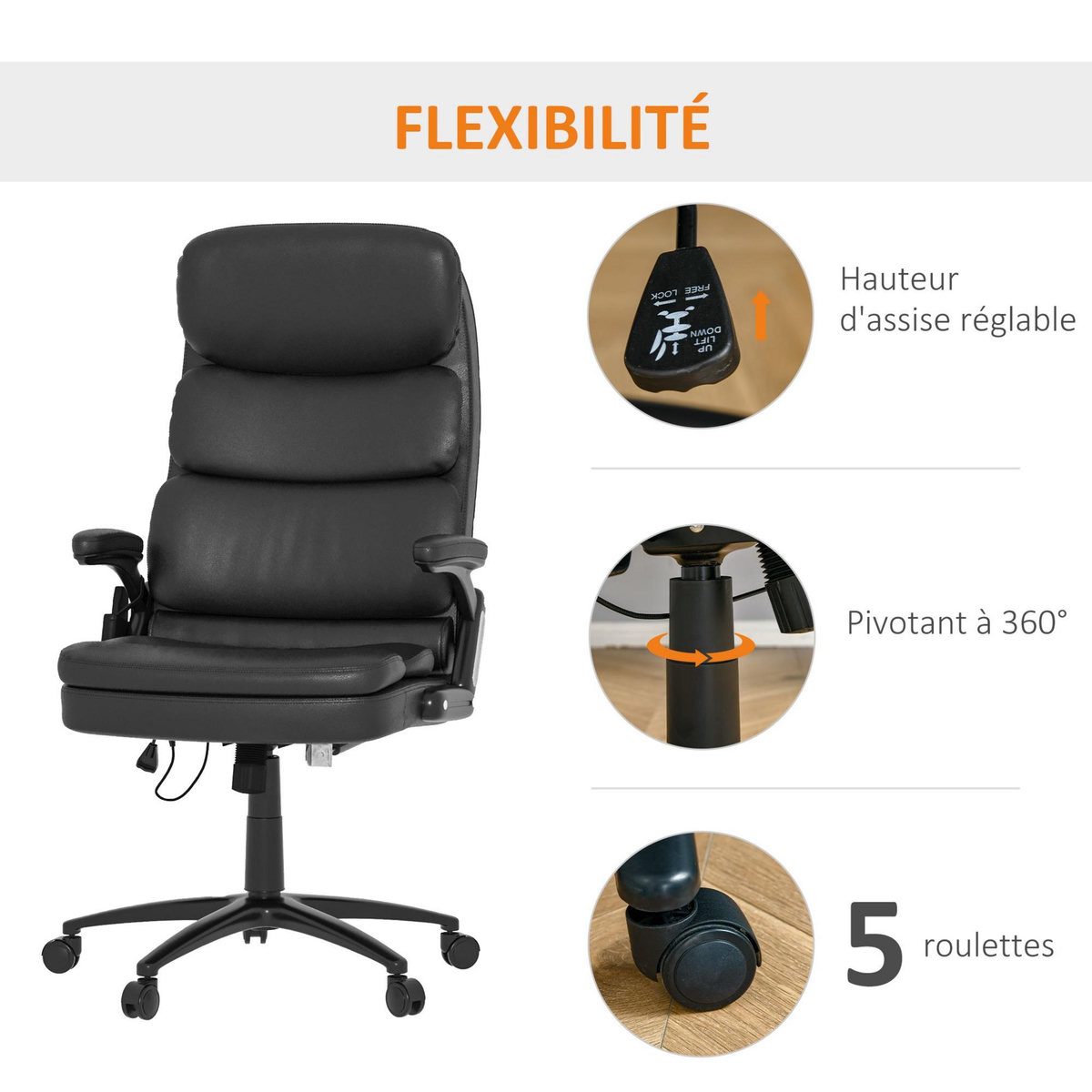 VINSETTO Vinsetto Fauteuil de bureau direction massant 6 points grand confort dossier inclinable hauteur réglable pivotant revêtement synthétique noir