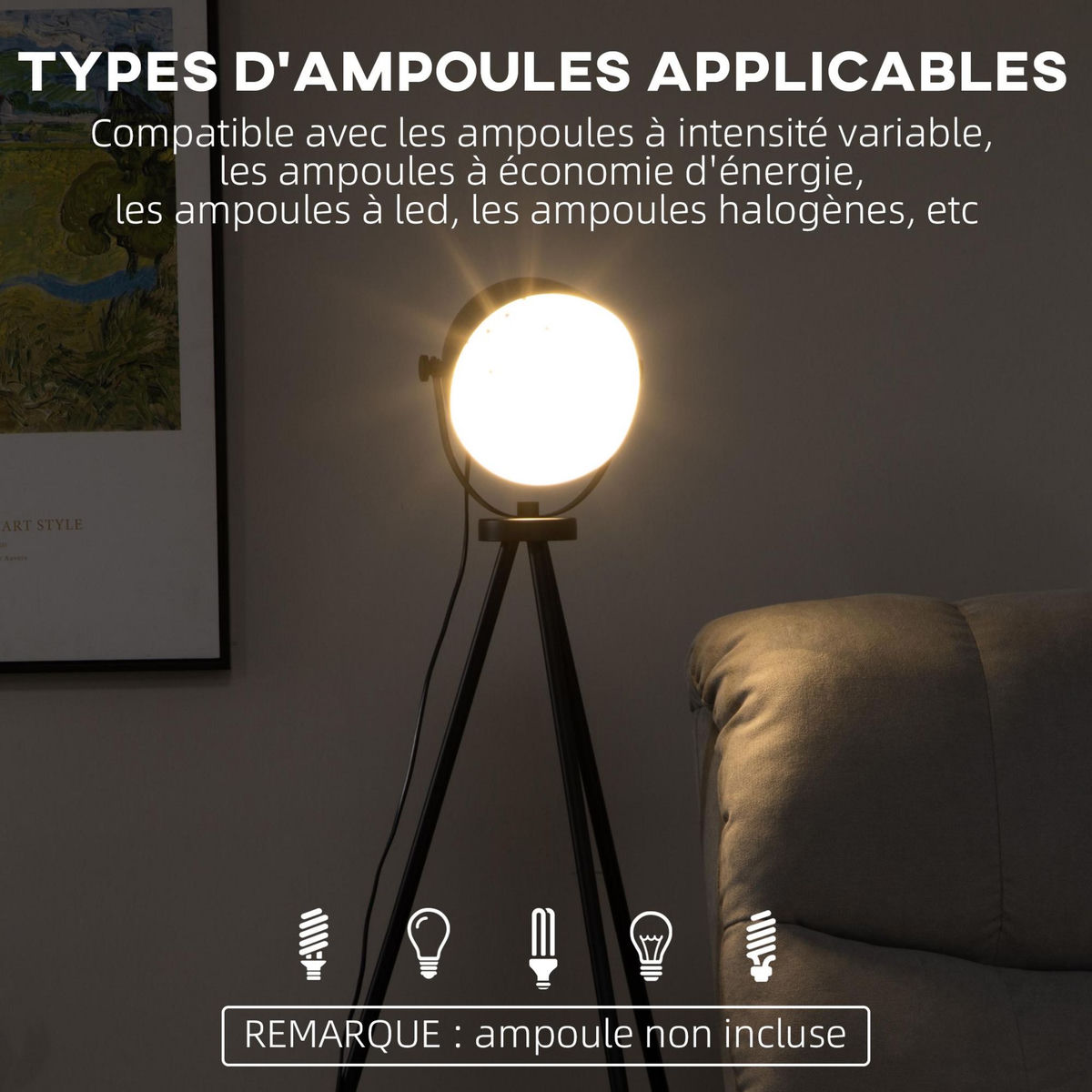 HOMCOM Lampadaire trépied style industriel abat-jour ajustable E27 40W max. dim. 60L x 54l x 135H cm métal noir blanc