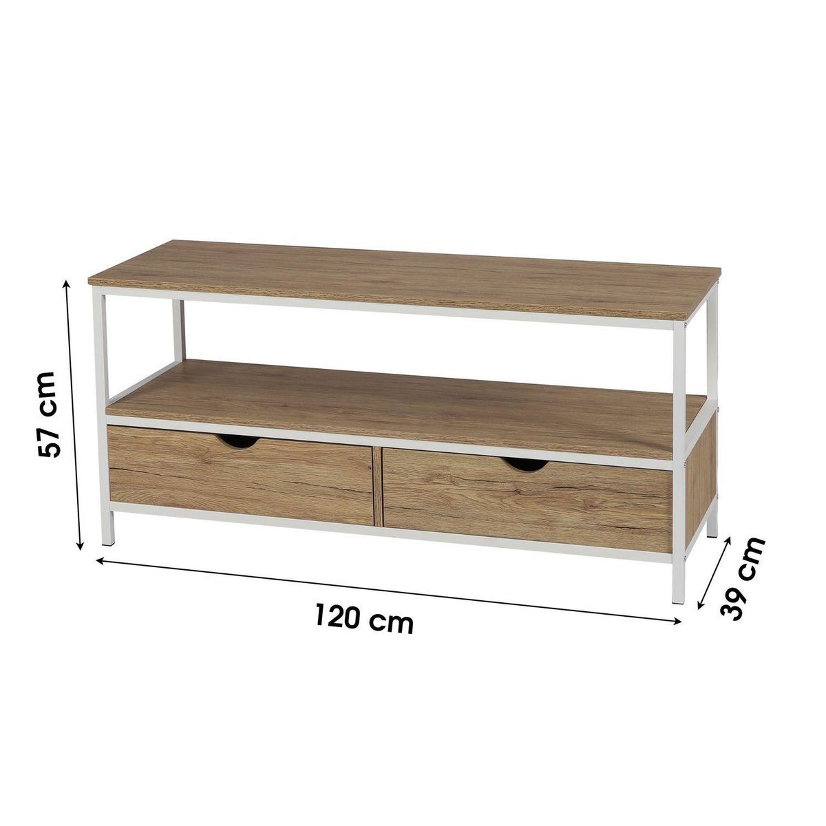TOILINUX Meuble TV Casa Blanca en Panneaux de particules et Métal 2 tiroirs - L.120 cm x H.57 cm - Beige et Blanc