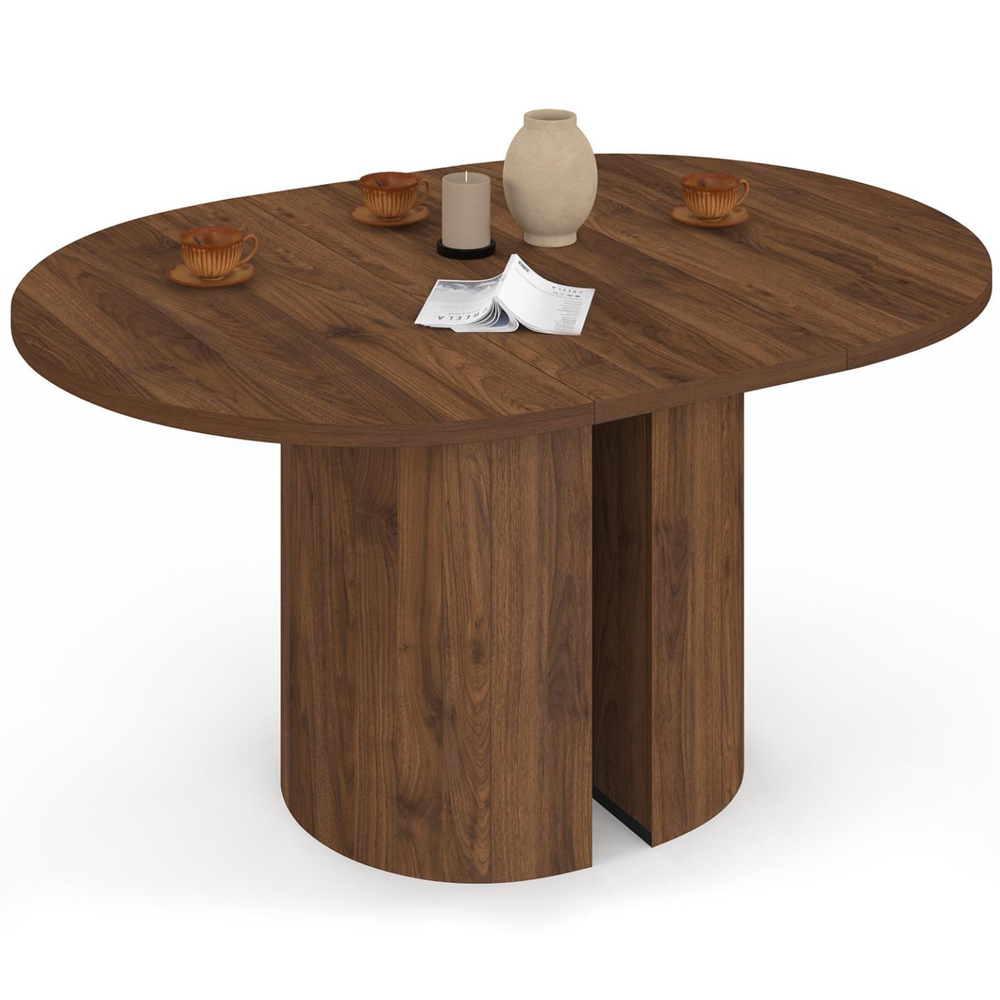 ID MARKET Table à manger extensible ronde michelle 4-8 personnes 2 pieds réversibles noyer 110-150 cm