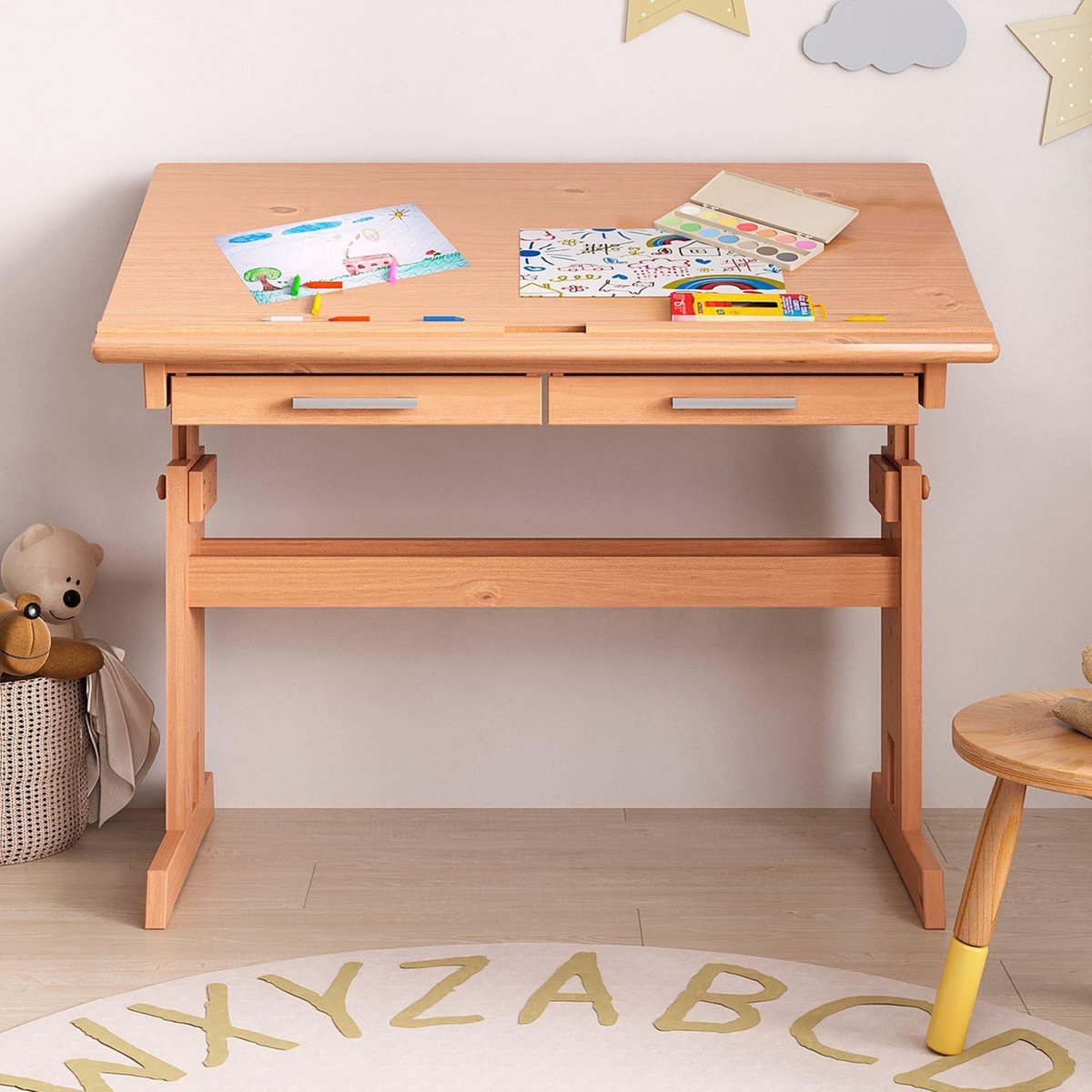 IDIMEX Bureau enfant OLIVIA, en pin massif, réglable en hauteur et plateau inclinable