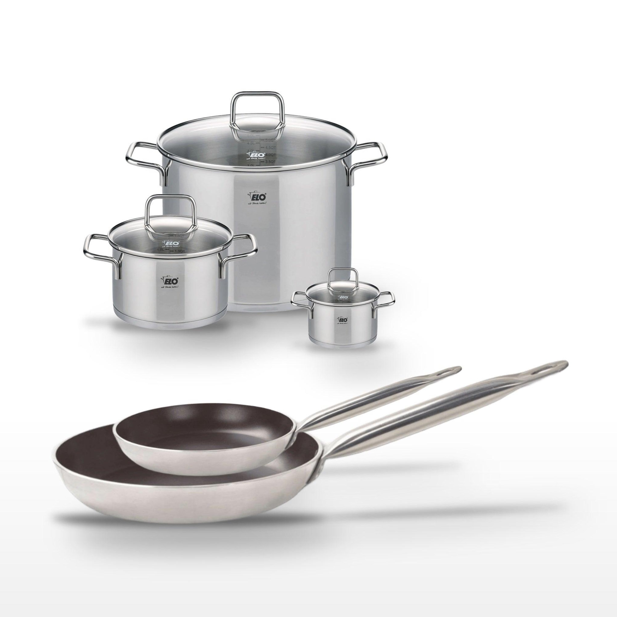 ELO Lot poêles 24/32 cm avec revêtement céramique sans pfas & faitouts 12/20/26 cm elo bistro line citrin