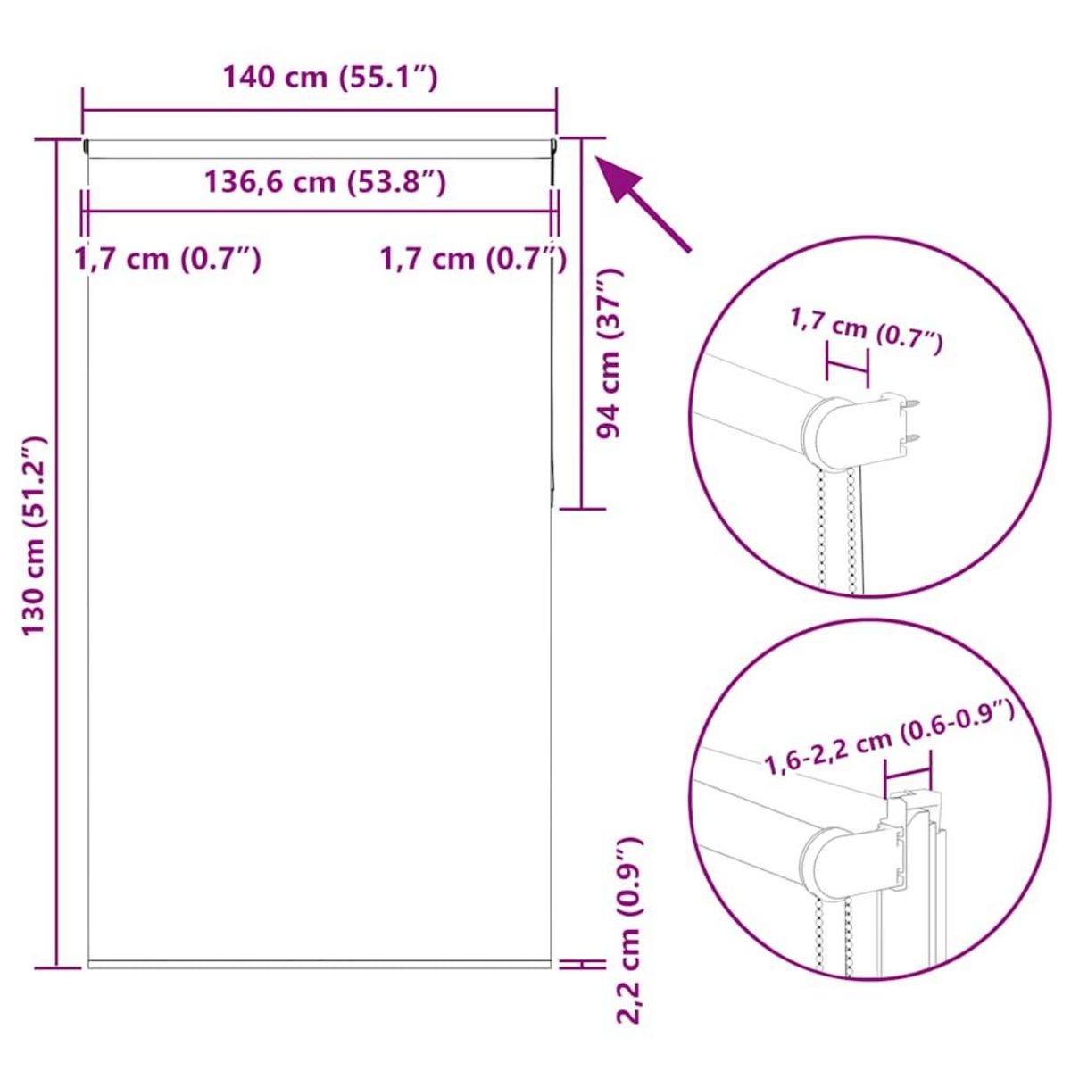 VIDAXL Store enrouleur occultant blanc casse largeur du tissu 136,6 cm