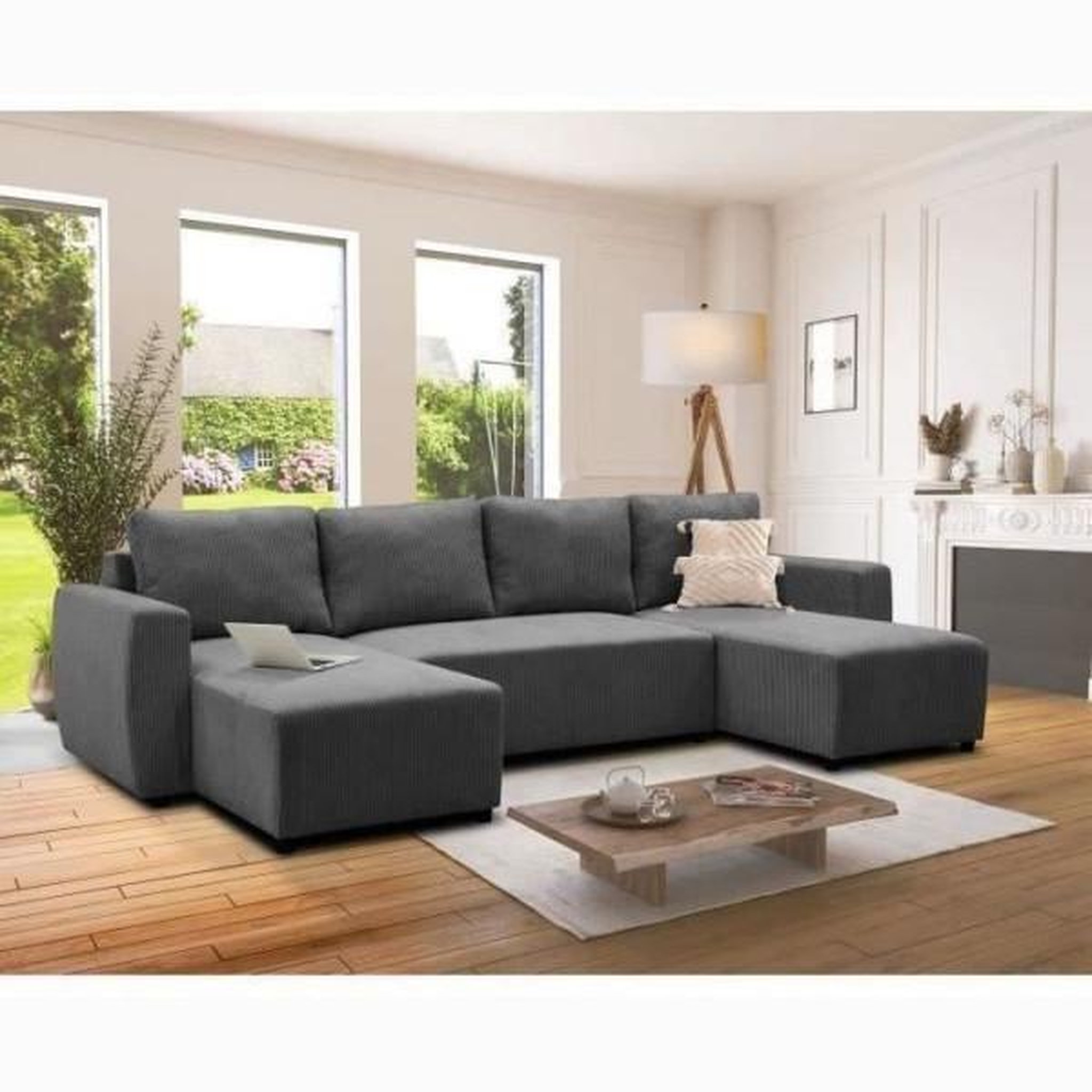 Voir la diapositive 2 : MARKET24 Canapé d'angle convertible panoramique PHARELL 5/6 places - Tissu velours côtelé anthracite - Coffre de rangement - L297xP155
