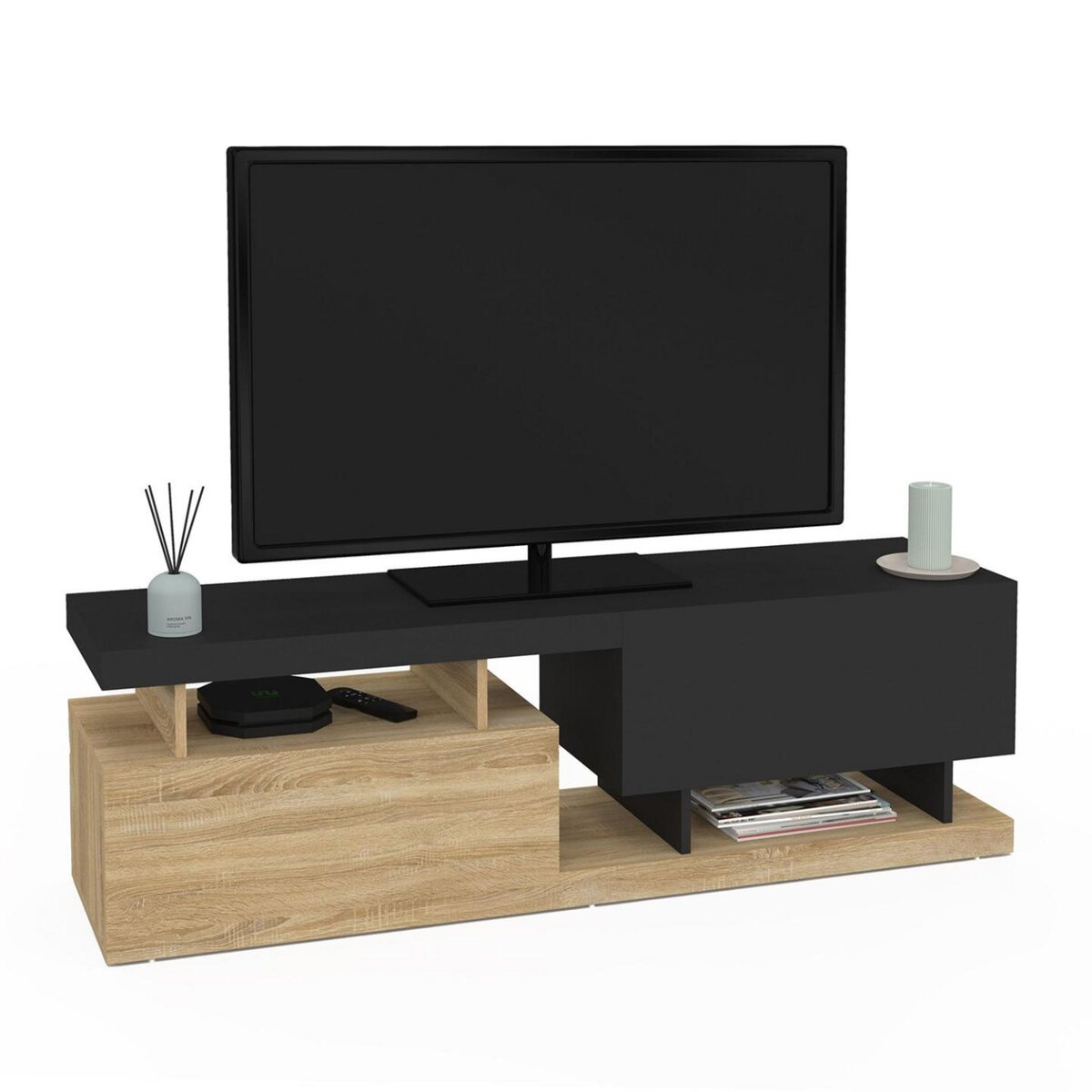 ID MARKET Meuble TV 140 cm ANGULO 2 portes effet bois et noir