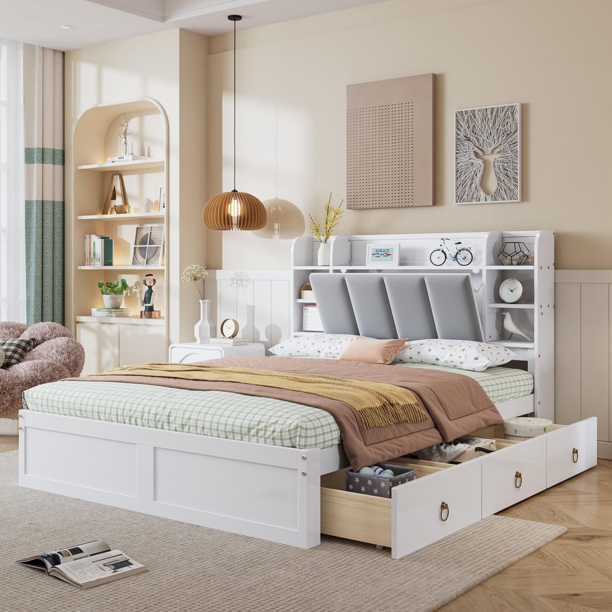 MERAX Lit avec rangement 140x200cm bois et mdf coloris blanc