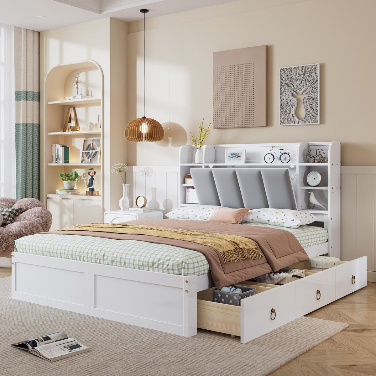 MERAX Lit avec rangement 140x200cm bois et mdf coloris blanc