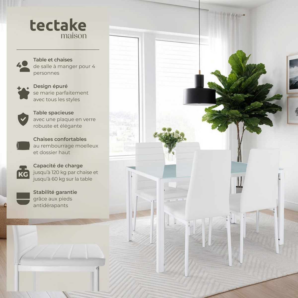 tectake Ensemble table et chaises de salle à manger en acier blanc