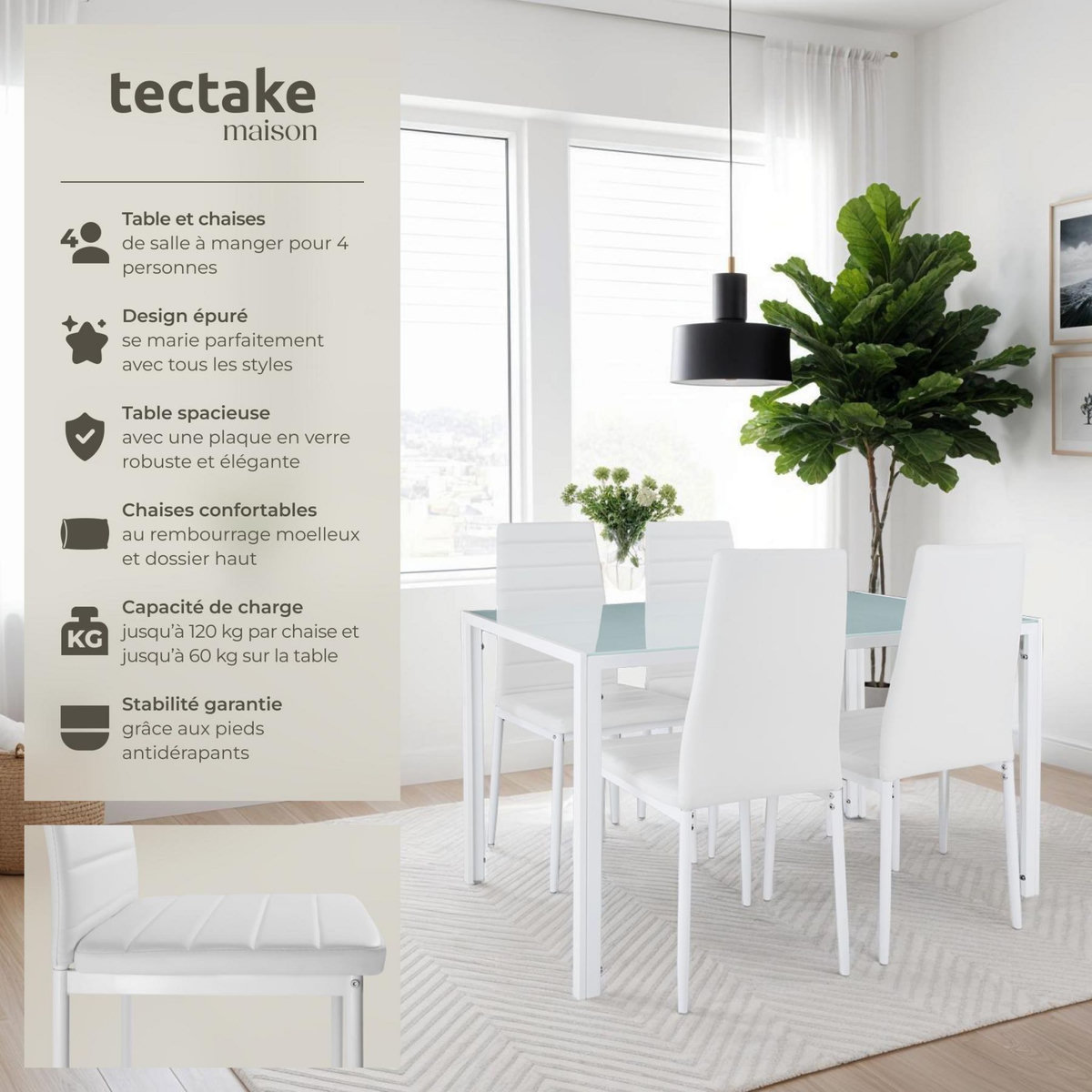 tectake Ensemble table et chaises de salle à manger en acier blanc