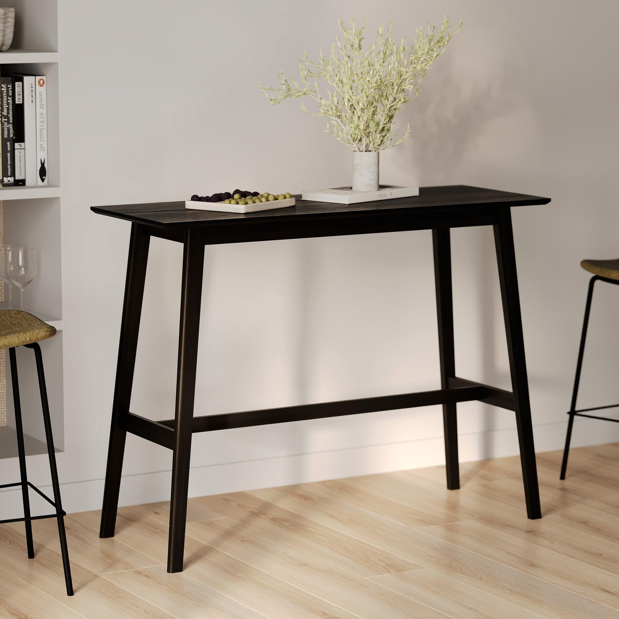 Voir la diapositive 2 : MAISON PAVANE Table de bar rectangulaire 4 personnes en bois noir 120 cm-buvette