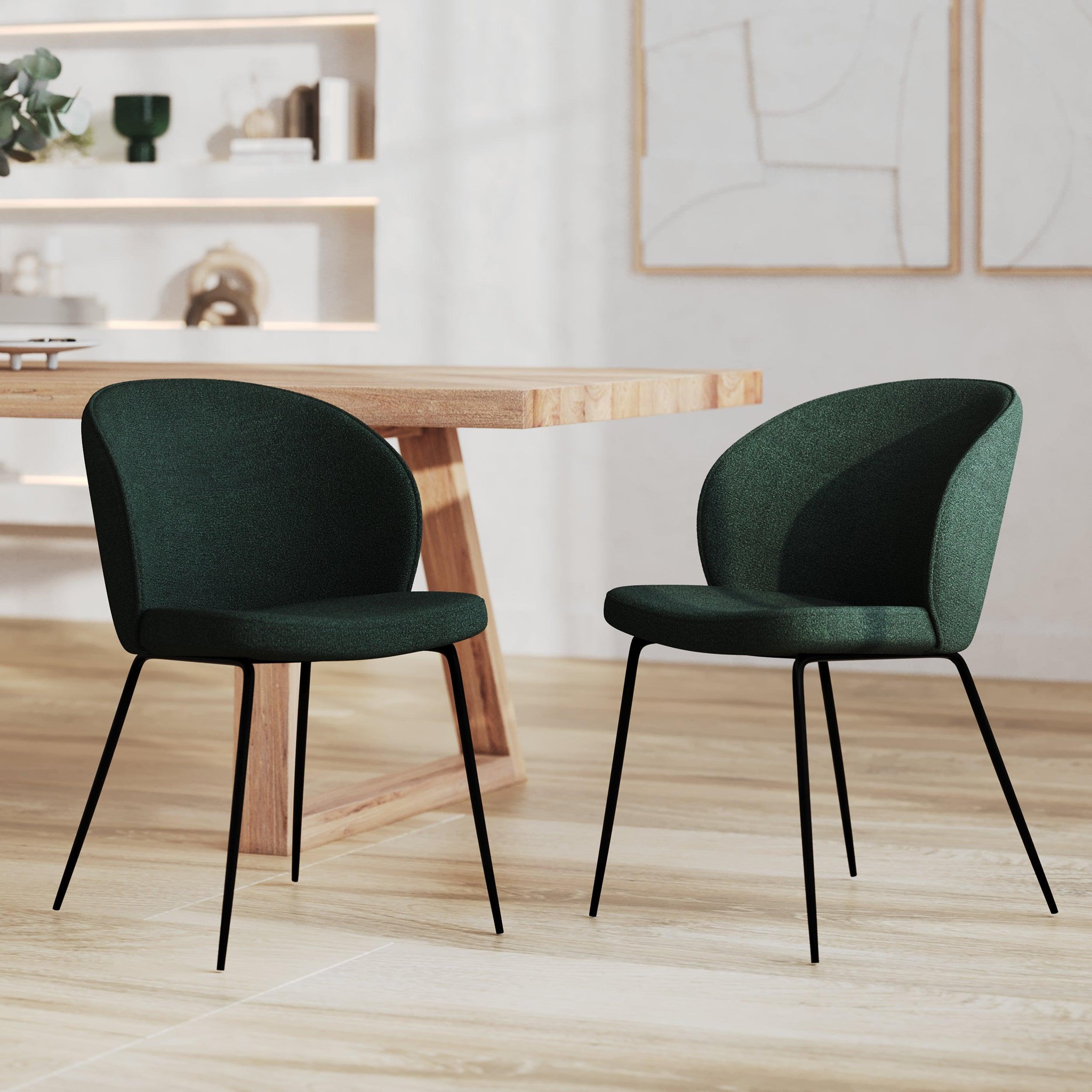 Voir la diapositive 5 : MAISON PAVANE Lot de 2 chaises vertes en tissu bouclette et pieds en métal-groom