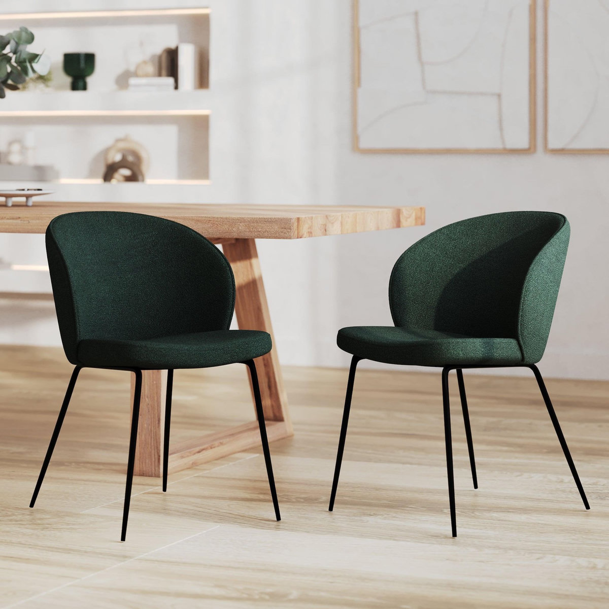 Rendez vous déco Lot de 2 chaises vertes en tissu bouclette et pied en métal-Groom