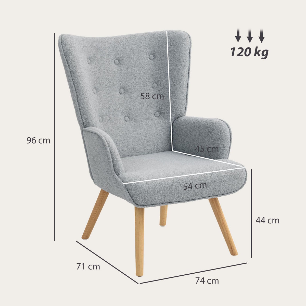 HOMCOM Fauteuil à oreilles style nordique piètement bois effet laine bouclée gris