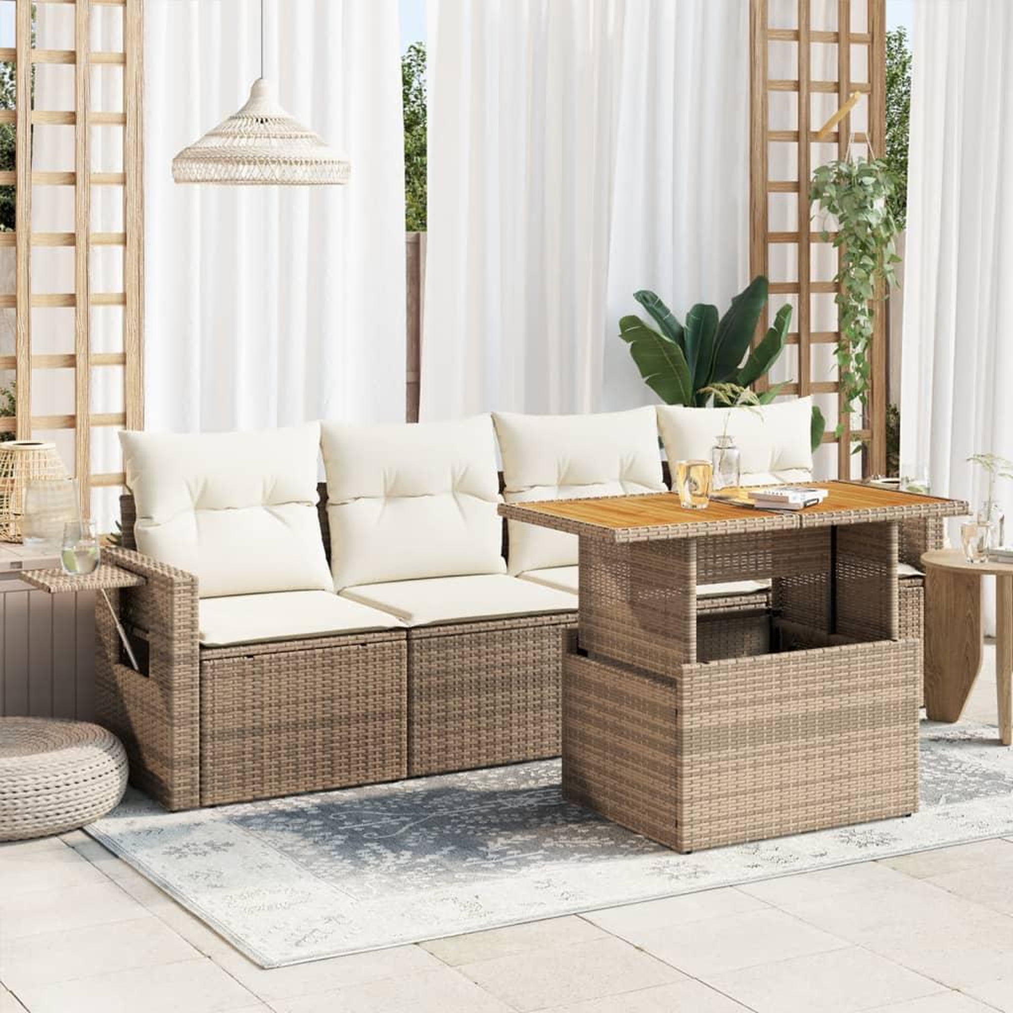 VIDAXL Salon de jardin avec coussins 5 pcs beige resine tressee