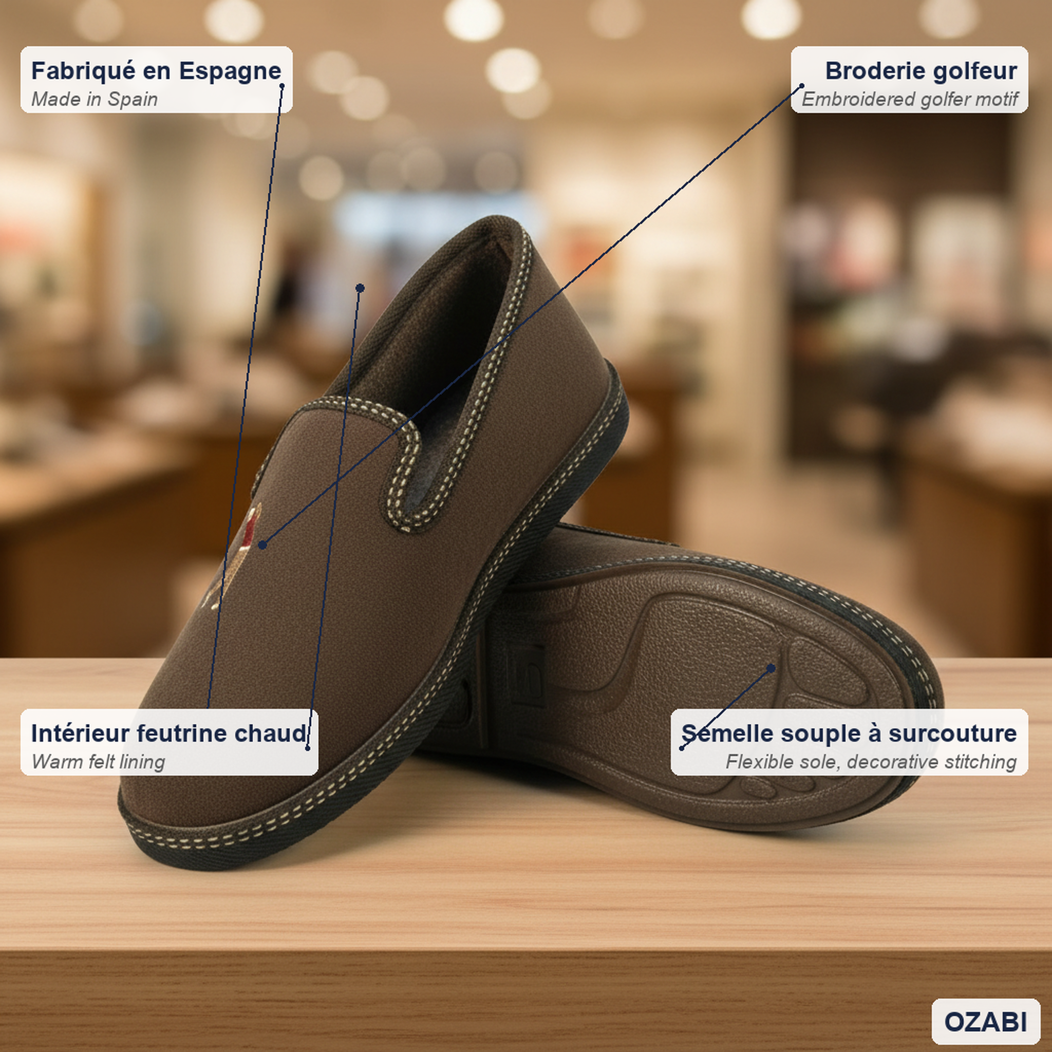 Voir la diapositive 5 : OZABI Ozabi pantoufles charentaises homme fabriquées en espagne broderie fantaisie