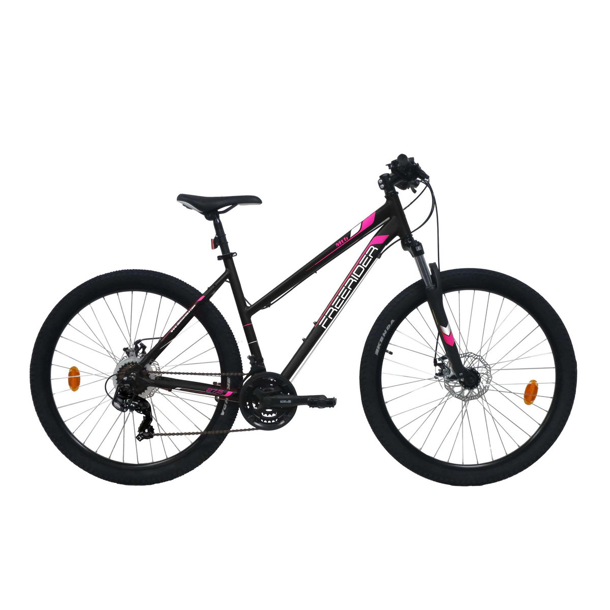 FREERIDER Vélo VTT 27,5'' Rigide Femme   Freerider   avec cadre rigide en aluminium - Double Freins à Disque - Dérailleur Shimano - Fourche télescopique et Jantes en aluminium renforcées noires