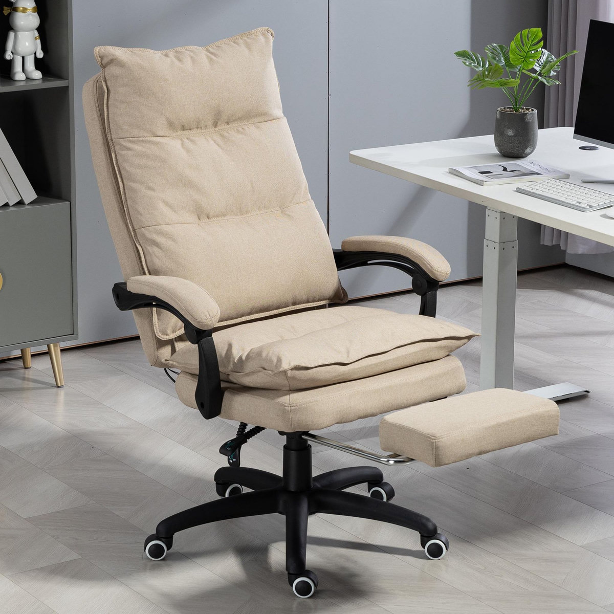 HOMCOM Fauteuil de bureau direction massant hauteur réglable dossier inclinable repose-pied intégré toile de lin beige