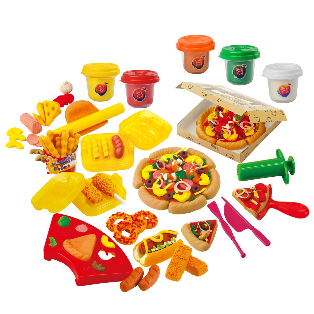 One Two Fun Fast food - Kit de 2 pots de pâte à modeler avec accessoires + 3 pots bonus