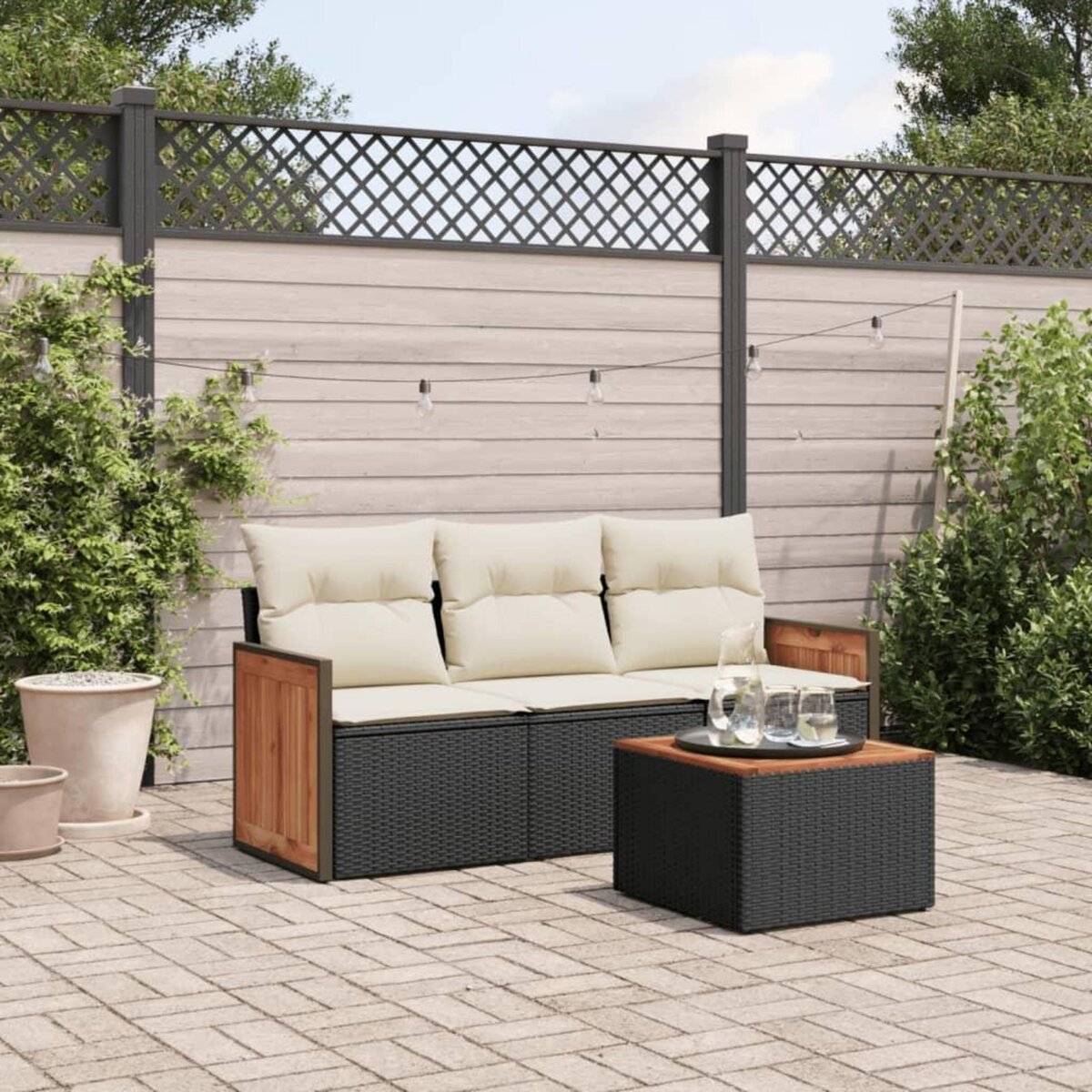 VIDAXL Salon de jardin 4 pcs avec coussins noir resine tressee
