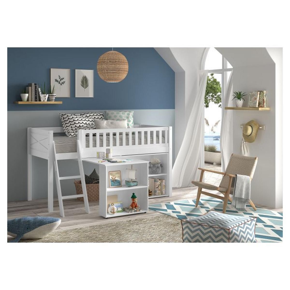 Vipack Lit Mi-Hauteur Scott Bureau Bibliothèque Blanc