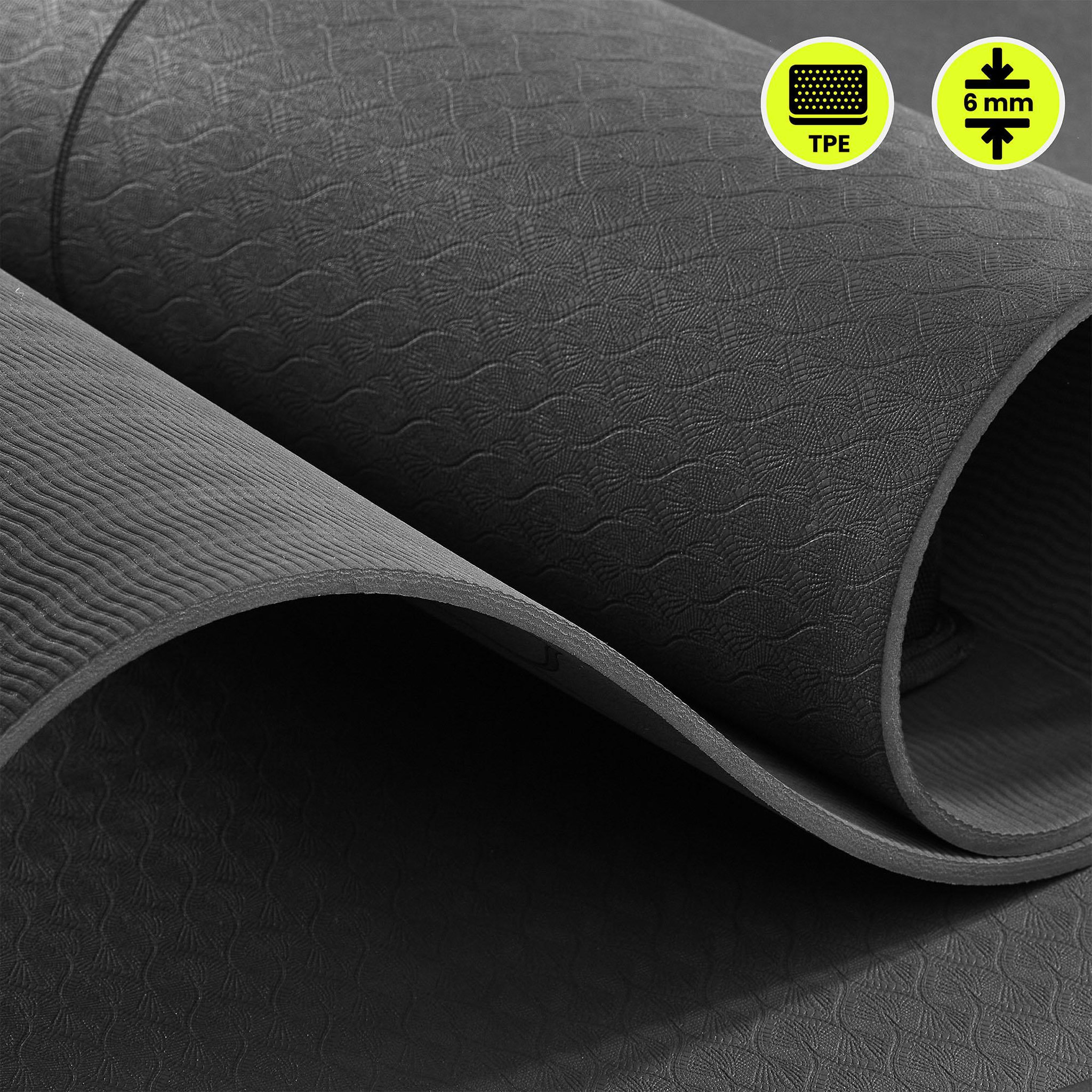 Voir la diapositive 2 : HYPERMOTION Tapis yoga fitness HyperMotion Lotos TPE 6 mm 183x61 cm noir avec sangle