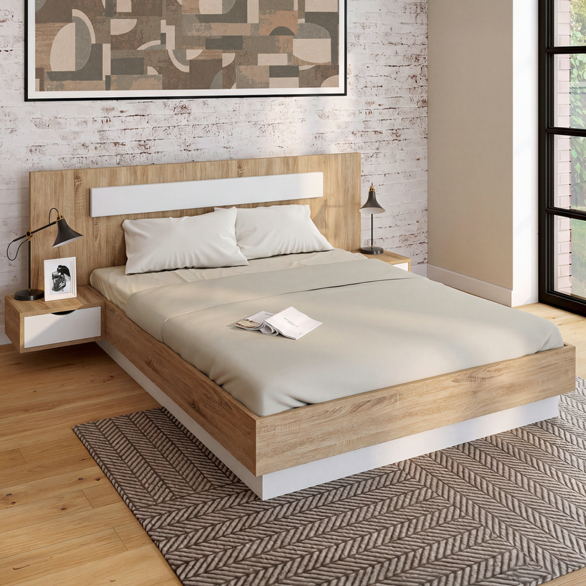 Voir la diapositive 2 : ID MARKET Lit double santa avec tête de lit + tables de chevet intégrées et sommier 140 x 190 cm bois et blanc